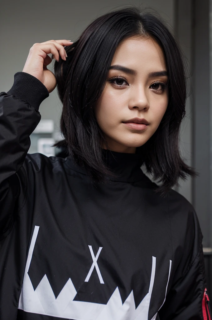 Cowok jaket hitam gaya rambut Franc crop melepas topeng anonymous tersenyum dengan lirikan mata tajam menyala