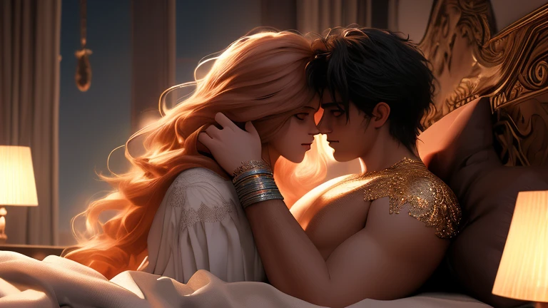 8K, highest quality, masterpiece, Super detailed, Ultra-high resolution, Bedroom, Midnight, Dim lighting, ((One male)), (Embrace each other), (One female)