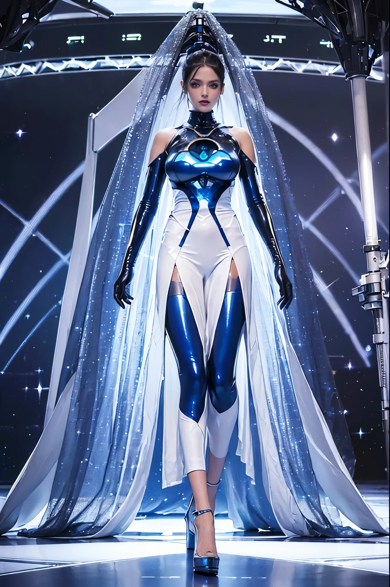 (Future World Fashion Show: 1.5)，(Future sci-fi beauty model catwalk: 1.5), Smiling female model，Elegant and dignified posture，Wearing a blue dress，Blue fluorescence，Starry sky pattern，The secrets of the universe，Future distribution，Silvery white glow，Soft touch，Silver-blue eye makeup，Cosmic Starlight，virtual future runway，(Sci-fi Fashion Fashion Show: 1.5)，(Huge high-tech catwalk: 1.5)，(There was only one female model at the catwalk)，Realistic images，8K, Ultra high quality, masterpiece, precise, Textured Skin, High Detail, best quality, Awards，((Long-range shooting，Sense of distance，Full body image))