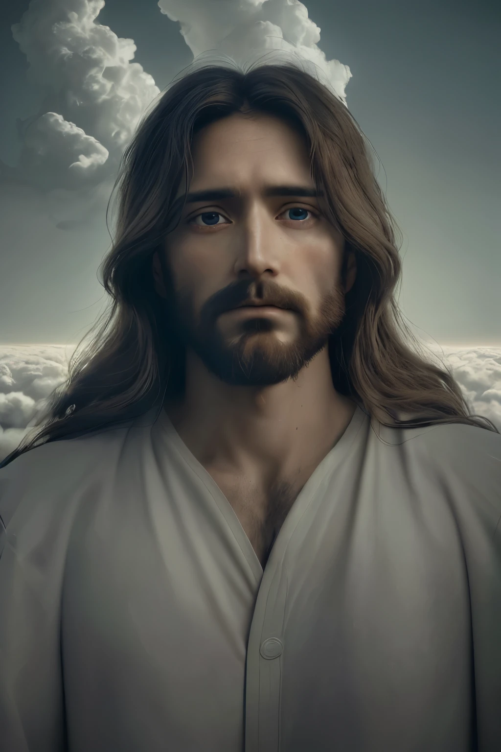 Jesus Christ in the sky above the clouds surrounded by angels, Jesus looking directly at the camera (making whoever sees the image appear to be looking directly into the eye of Jesus Christ), ultra realistic 8k image