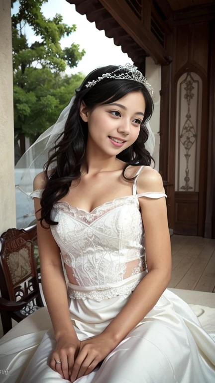 Wedding dress,bride,Waiting for love,Beautiful and delicate eyes,Beautiful and delicate lips,Extremely detailed eyes and face,long eyelashes,fairytale atmosphere,soft light,romantic mood,Stunning background,flowers,dream colors,Emotional expression,romantic pose,blurred background,sparkling veil,Delicate lace,Sparkling tiara,Elegant hairstyle,vintage decor,Vintage furniture,ethereal atmosphere,breeze,whispering tree,cute smile,anticipatory,Heartfelt emotions,gentle and loving,graceful movements,Soft and gentle touch,Warm and tender moments,romantic atmosphere,lifelike masterpiece,Highest quality 4k resolution,studio lighting,bright colors