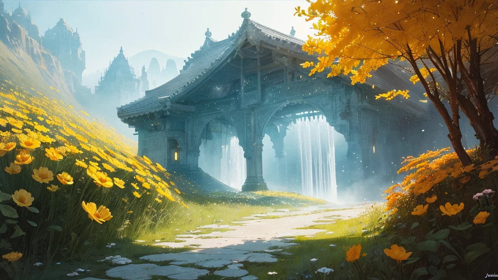 32k, Masterpiece, highest quality, One girl, Detailed eyes, flower,Sandersonia, Yellow and white style,A dreamy, romantic piece,Pale orange, Mysterious Leaves,A playful arrangement,Fantasy,High Contrast,Ink strokes,explosion,Exposure, Impression of yellow and white tones,Abstract,((Watercolours by John Berkey and Jeremy Mann )) Brush strokes,Negative Space, Tyndall effect,