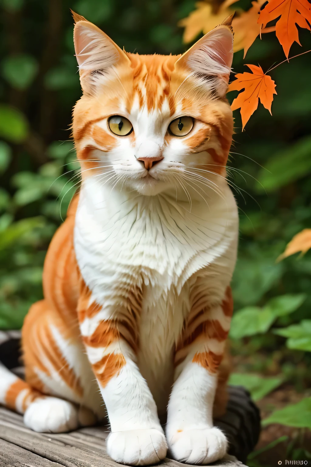 Make a photo of a orange cat which has white striped on its forehead and white colour on its paws. Also add a white butterfly in the image. The background should be a forest with red maple leafs. The cat should be small
