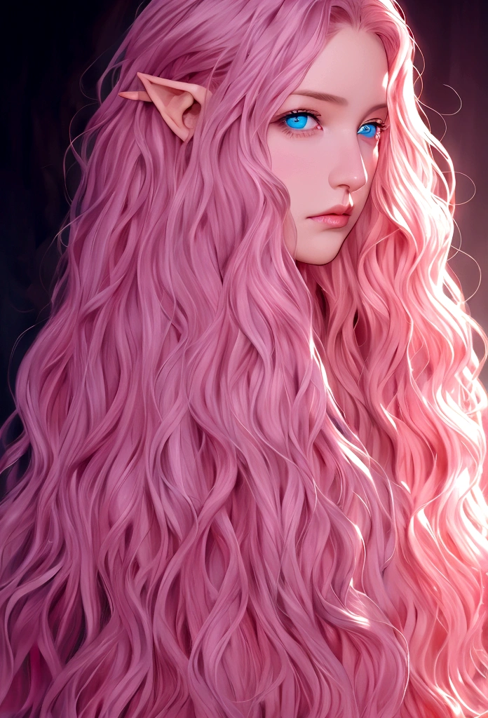 Woman, long wavy hair, pink hair, blue eyes, Elf