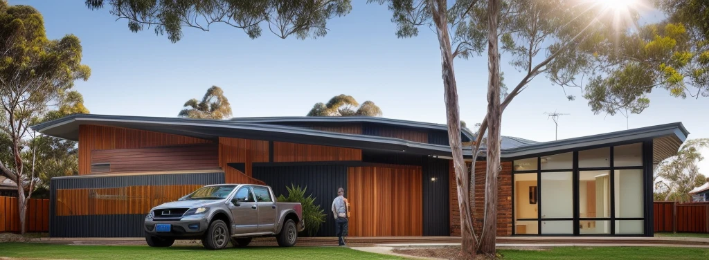 a exterior house, sunlight, modern house, timber and Colorbond cladding, masterpiece, realistic, best quality