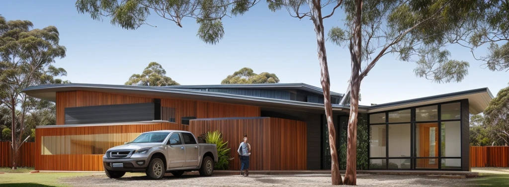 a exterior house, sunlight, modern house, timber and Colorbond cladding, masterpiece, realistic, best quality