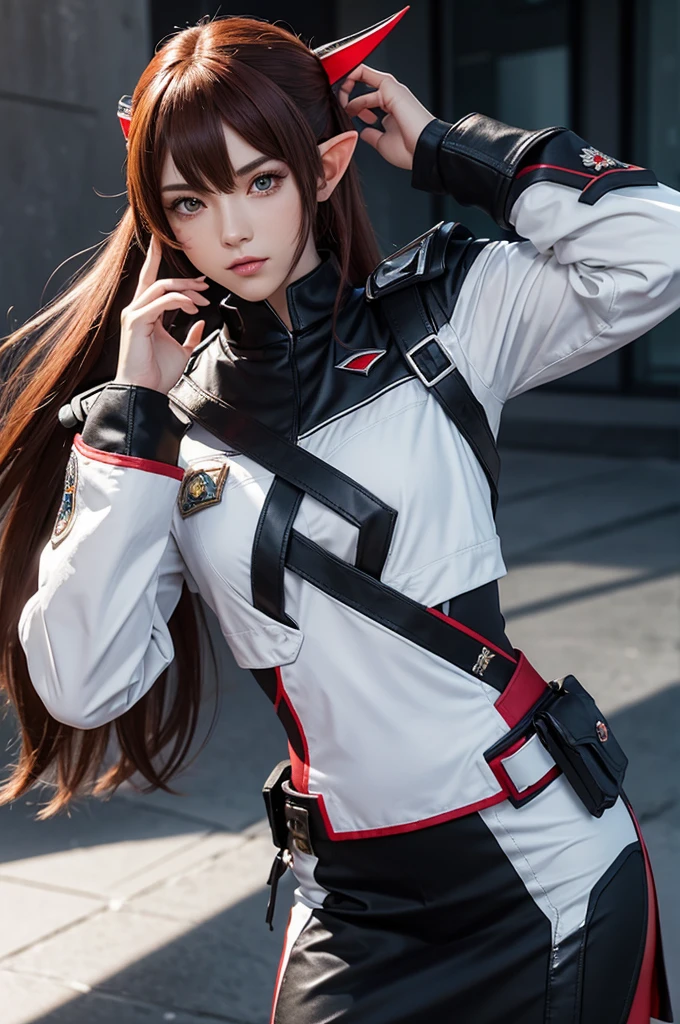 Create a highly detailed 3D rendering of a character named Ulc from SEGA's PSO2. The character is an elf-like female with pointed ears and long, straight, dark red hair. She wears a futuristic, military-style uniform with gray and white colors. (small military garisson cap), The uniform includes a fitted jacket with intricate white designs, shoulder epaulets, and a skirt. She has a serious expression and is depicted with one hand near her ear as if she is communicating through a device.  (shiny skin)