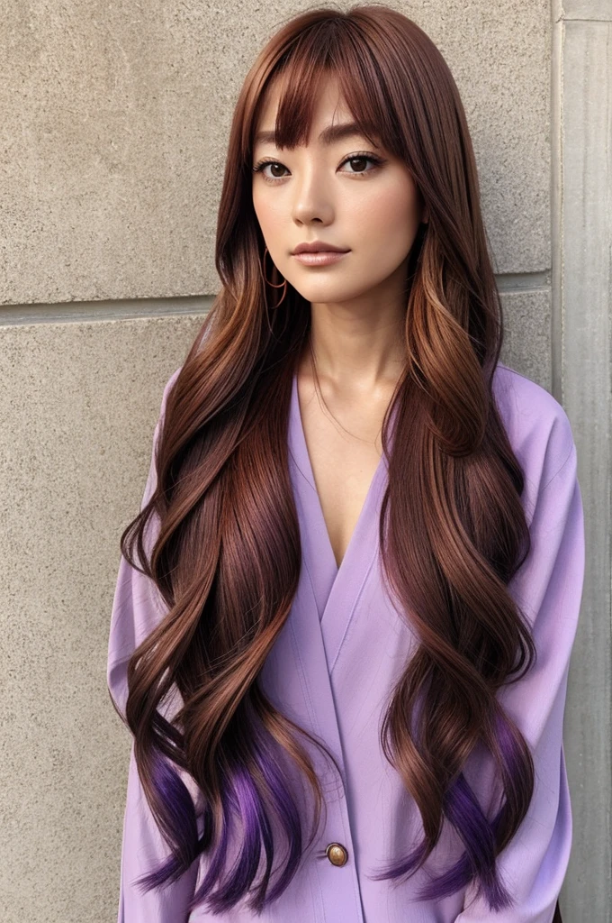 Corinde de genshin impact, with coppery brown hair and purple tones