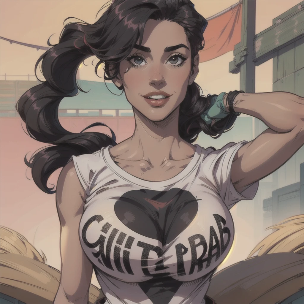 ((obra maestra, mejor calidad)), (1 chica), (solo), (enfoque femenino), (ahogo, pelo negro, cabello muy largo), ojos dorados, sonrisa arrogante, ((Camiseta rosa)), ((falda vaquera), (falda corta)), de pie, parque de fondo.