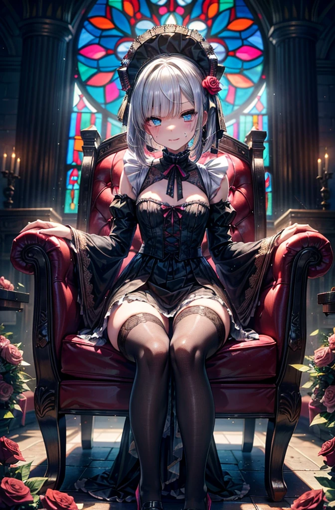 Hard Dark Gothic Makeup、Deep Night Sky、Horror、Black dark eyeshadow、sad、Good skin radiance、Dark Gothicメイク、Dark smile、palace、24-years-old、Embarrassed look、Dark Gothic、Obscene language、highest quality、Drunk face、紫のMaid clothes、Mysterious、Noble、sexy、Loving smile、Right blue eye, Left eye is red、Platform Heel Shoes、Heavy makeup、Gothic Lolita clothes、Silver Hair、Long Hair Straight Hair、Cute Gothic Lolita Dress、Beautiful Face、elegant features、Attractive face、Stained glass is the background、Chest glistening with sweat、The room is dark、gothic long dress、Bell Sleeves、Wizard Sleeve、Decadent look、Sexually excited expression、Glossy thighs wet with water、Thighs that are wet and shiny with oil、Background of a room full of roses、The embroidery is pink、The dress has pink embroidery.、Thigh-high socks、Knee-high socks、Gentle expression、Dark black eyeshadow、Stained glass and rose background、Female Duo、Female couple、dark church background、Stained glass、Black metal world、Dark Castle、Slender body、gothic long dress、Maid clothes、Victorian dress、Her thighs are shining with sweat、My body is wet and shiny、Lots of glitter on the thighy thighs are sticky with sweat、Sweat glistening on my thighs, The whole body is sweaty and shiny、I sweated a lot.、My thighs are sweaty、My thighs are wet、My thighs are shining with sweat、A lot of sweat glistening all over the body、Small breasts、Orchestra Stage、Dynamic Angle、Sitting in a Gothic chair、Play the violin gracefully、On the violin、Press the violin strings、violinist、Orchestra performance、thin太もも、thin、Violin body and strings、Sit on a chair、pantyhose、Hime cut straight hair、