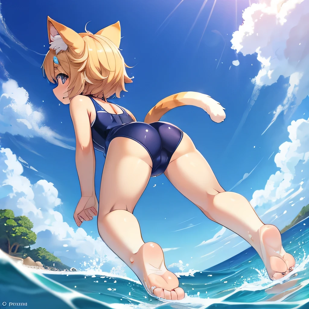 Cute anime cat girl in a swimsuit, Diving in the sea, Cat-like pads on hands and feet, The background is the bottom of the sea, an anime drawing by Puru, pixiv, furry art, sfw version, Rear view, from below, UHD, masterpiece, anatomically correct, textured skin, super detail, high details, high quality, best quality, highres, 8k