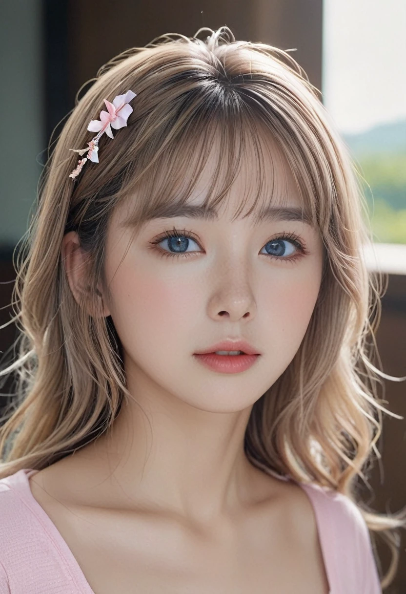 (1 girl, beautiful detailed eyes, beautiful detailed lips, extremely detailed eyes and face, long eyelashes, fine complexion, fair skin, white skin, upper body, nude, open-air bath, ridiculously long hair, blond hair, pink hair, bangs, hair ornaments, bows, with two sides up, young, dark blue school swimsuit, best quality, 4k, 8k, highres, masterpiece, ultra-detailed, realistic, photorealistic, photo-realistic, HDR, UHD, studio lighting, ultra-fine painting, sharp focus, physically-based rendering, extreme detail description, professional, vivid colors, bokeh)