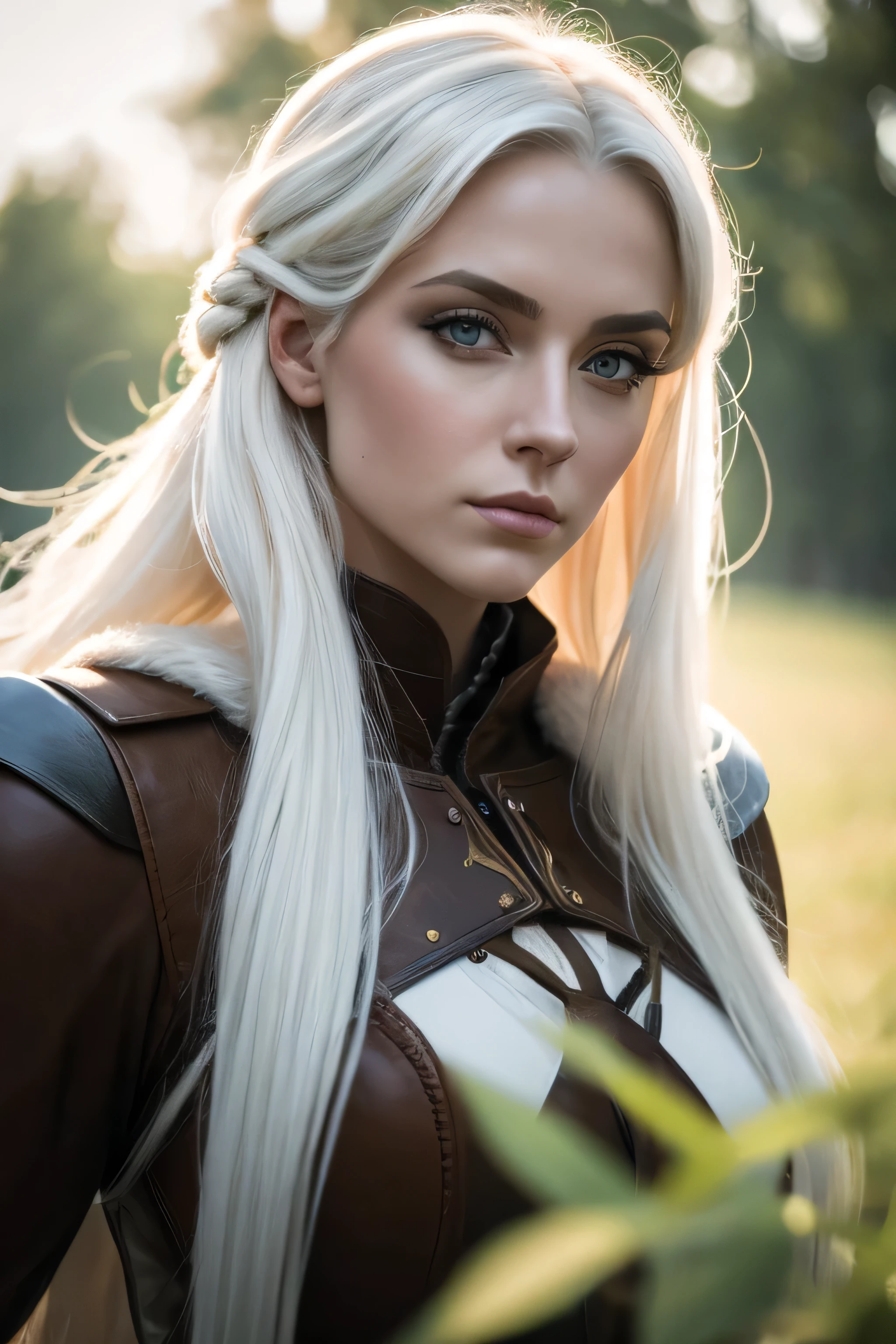 1 female medival ranger, long white hair, wearing leather, 25 years old, absurdres, high res, ultrasharp, 8K, masterpiece, the image should be of absurd resolution and high detail. It should be ultra-sharp and available in 8K resolution, representing a masterpiece in image quality.