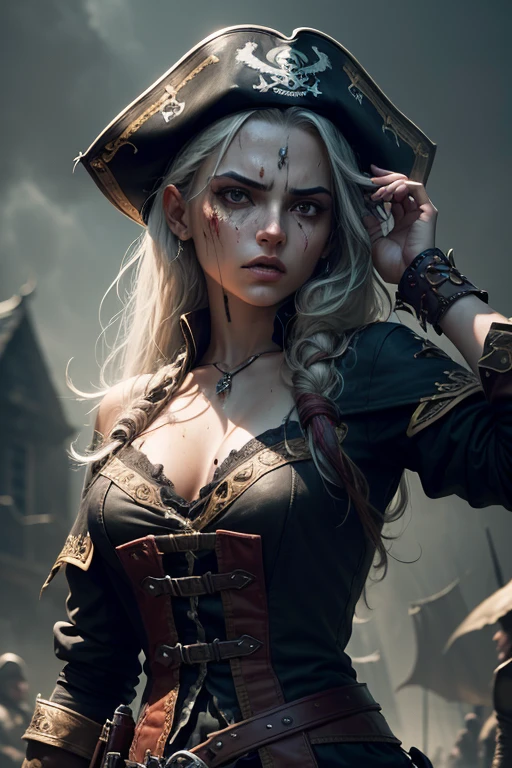 A villainous pirate queen, fierce and bloodied, (1girl, dramatic expression, intense gaze, detailed facial features, intricate pirate outfit, holding a cutlass, blood splattered, dramatic lighting, gritty, cinematic, chiaroscuro:1.2), (best quality,4k,8k,highres,masterpiece:1.2),ultra-detailed,(realistic,photorealistic,photo-realistic:1.37),dramatic lighting, moody color palette, intense atmosphere, powerful presence