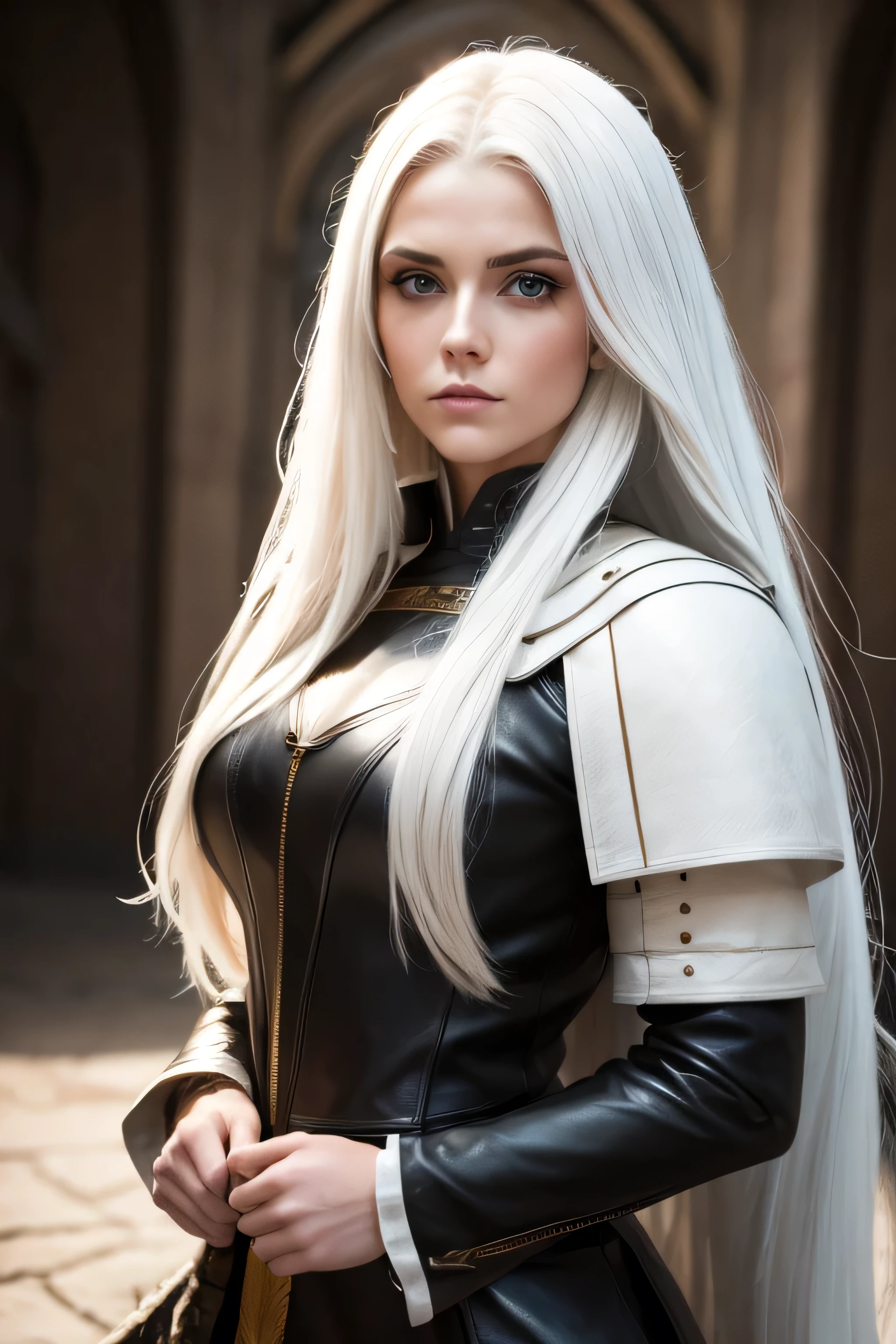 1 female medival fighter, long white hair, wearing leather, 25 years old, absurdres, high res, ultrasharp, 8K, masterpiece, the image should be of absurd resolution and high detail. It should be ultra-sharp and available in 8K resolution, representing a masterpiece in image quality.