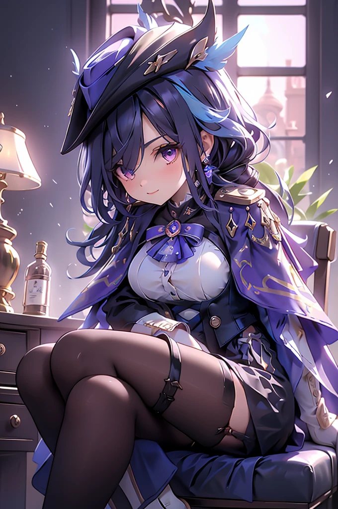 (oil painting,Impressionism,:1.2)(masterpiece, best quality:1.3),clorinde, 1girl, ,hat, purple eyes, blue hair, jewelry, white gloves, (gun:0.8), bow, dress,earrings, purple hair, hair over one eye, closed mouth, blue headwear, bangs, sex pose, ,(profile:0.6), shy, messy hair, sexy eyes, <lora:clorinde0ax03:0.75>,