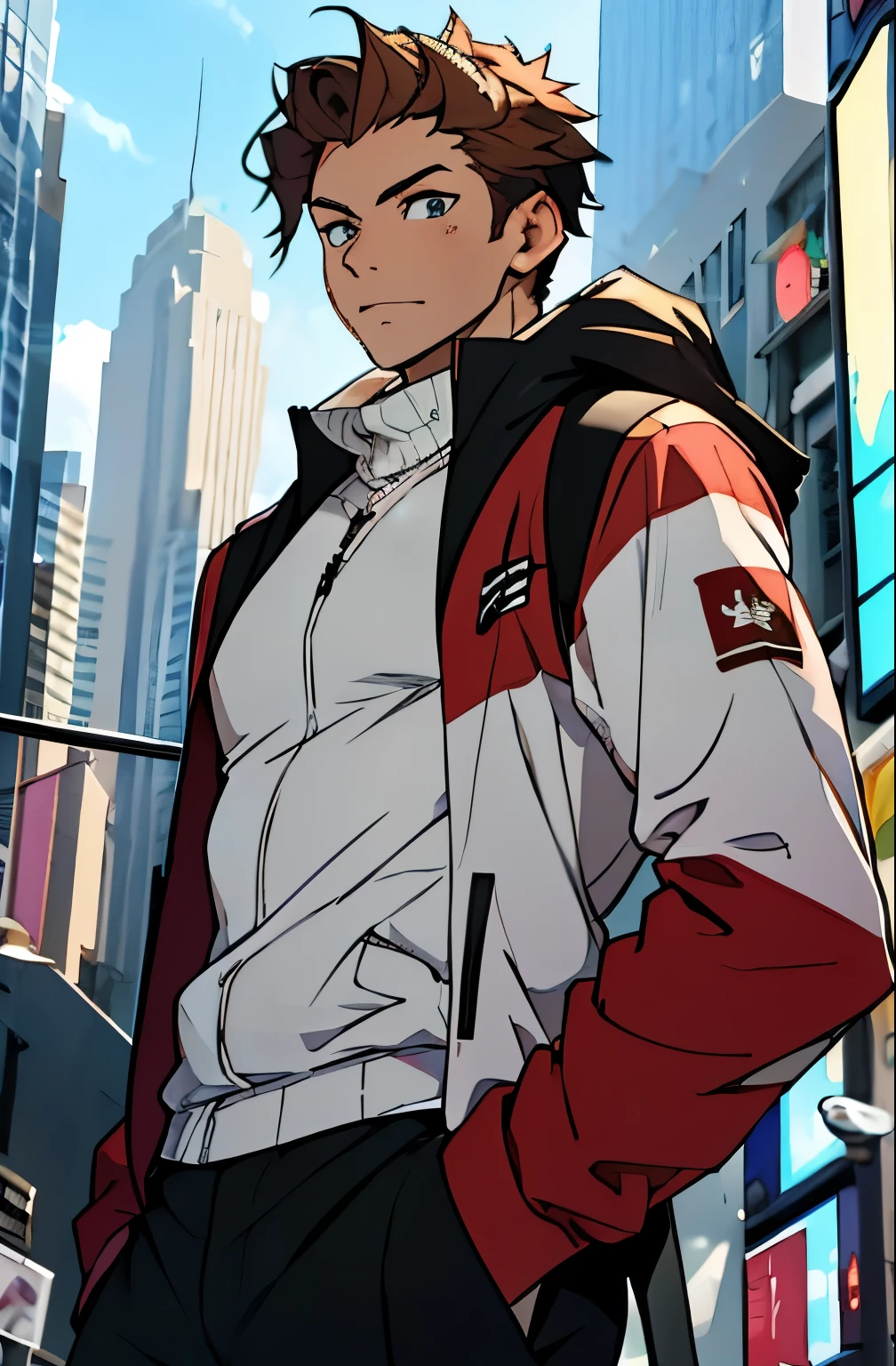 A mais alta qualidade, no meio de uma avenida movimentada estilo Times Square, inverno, apoiado em um dos postes, adolecente, lion men, wearing a cold jacket, masculo, chest a little tight in the jacket, (angulo de baixo), pernas definidas, defined arms, abdomen definido, com a camisa,