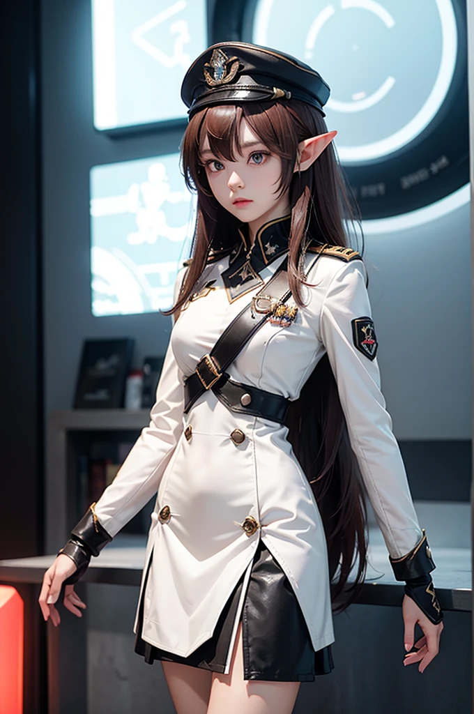 Create a highly detailed 3D rendering of a character named Ulc from SEGA's PSO2. The character is an elf-like female with pointed ears and long, straight, dark red hair. She wears a futuristic, military-style uniform with gray and white colors. (small military garisson cap), The uniform includes a fitted jacket with intricate white designs, shoulder epaulets, and a skirt. She has a serious expression and is depicted with one hand near her ear as if she is communicating through a device.  (shiny skin)