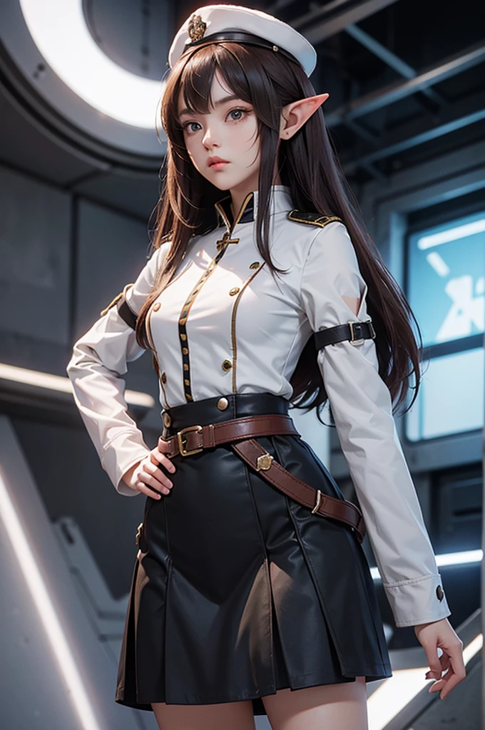 Create a highly detailed 3D rendering of a character named Ulc from SEGA's PSO2. The character is an elf-like female with pointed ears and long, straight, dark red hair. She wears a futuristic, military-style uniform with gray and white colors. (small military garisson cap), The uniform includes a fitted jacket with intricate white designs, shoulder epaulets, and a skirt. She has a serious expression and is depicted with one hand near her ear as if she is communicating through a device.  (shiny skin)