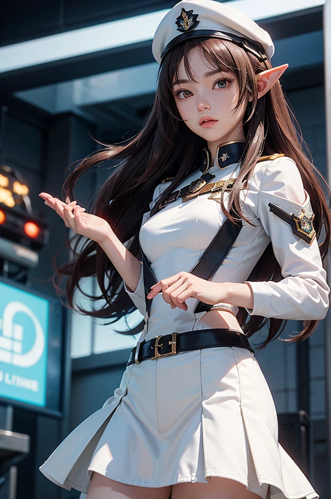 Create a highly detailed 3D rendering of a character named Ulc from SEGA's PSO2. The character is an elf-like female with pointed ears and long, straight, dark red hair. She wears a futuristic, military-style uniform with gray and white colors. (small military garisson cap), The uniform includes a fitted jacket with intricate white designs, shoulder epaulets, and a skirt. She has a serious expression and is depicted with one hand near her ear as if she is communicating through a device.  (shiny skin)