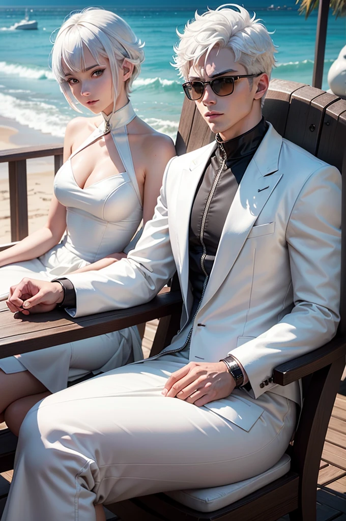 anime character with a young man, short white hair and a white jacket, a black zipper collar shirt, a black cyberpunk pants, anime handsome man, sunglasses, blue eyes, glowing eyes, royal styled, male anime character, sitting together with a young woman, a beautiful ice goddess, good face, happy face, short hair, realistic eyes, ice magician, ice elemental, intricate design and details, detailed dress, (white dress:1.5), sit in a chair facing the sea, cold drinks are on the table, the beach background, (day), smirk, cowboy shot, dynamic lighting,