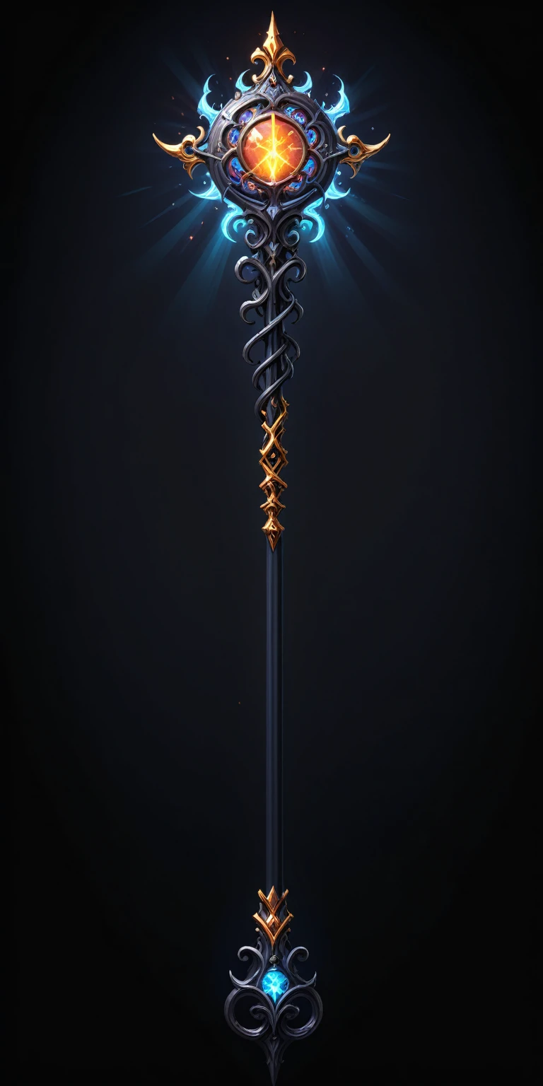 pixel art, cartoon illustration, Divine glavie greatstaff, Powerfull Magical theme, simple black background, RPG game icon