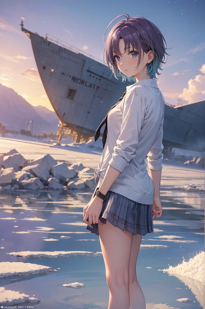((Highly detailed face,Perfect Face)),(Beautiful Face: 1.1), (((Perfect hands,Perfect Anatomy))),Sexy Body,Browsing Caution, <skin、The hair、quality> Transparency, Glowing Skin, shiny hair, <quality> Top quality, 4kquality, High resolution, 超High resolution, 8k,(Vibrant colors: 1.2), High resolution, Super detailed, Ultra Sharp, super High resolution, Film script, , (wonderful_quality: 1.0), ((toru asakura、blue hairs、Earrings、gradation hair、multi color hair、分けた前hair、Purple hair、short_hair, )), <sight、Expressionless、Pause prompt> Sparkling Eyes,View Viewer, blush, ((,Back view)), Fascinating, Shining Eyes, Nice face, Are standing , Raise one leg, ((masterpiece)), top-quality, Anime Art Wallpaper 8K, Walking on Water((toru asakura、blue hairs、Earrings、gradation hair、multi color hair、分けた前hair、Purple hair、short_hair, barefoot, Loose tie、cardigan、Plaid、Plaidスカート、Pleated skirt、、Skirt、Rolled up my sleeves、Wristband )),, ripple, Dawn Background, Saturn in the background, Awareness-raising, Concept Art, And soul, Key Visual, WLOPによるトレンドのpixiv Fanbox, Greg Rutkowski, Makoto Shinkai, Mamoru Hosoda, Studio Ghibli, Uyuni Salt Flats scenery