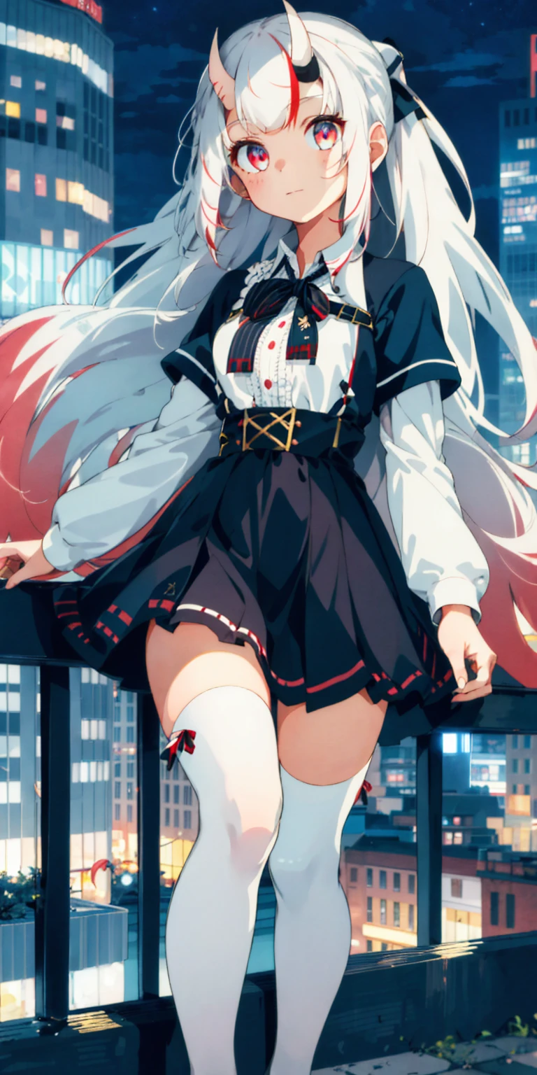 One girl, Beautiful fine details, Long white hair, eyes are a little red, , White knee-high socks, Shiny skin, city, night, High Contrast, ((masterpiece, highest quality))