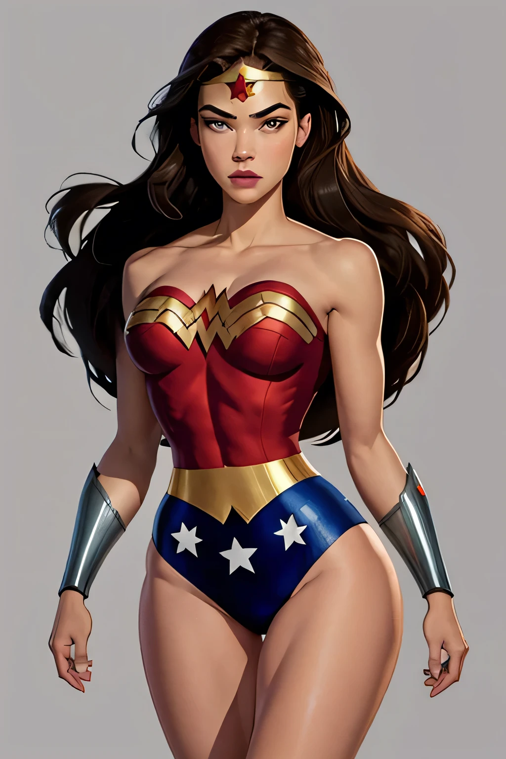 PhotoRealistic Art Style Best Qualit:1.3, Natural Beauty, Masterpiece, Full Body View Visible, Hailee Steinfeld, Perfectly Accurate Face Proportion,Realistic Light Hazel Brown Eyes, Thick Eyebrows, Brown hair, slim toned Thighs, tight ass, perky round breast , slim athletic body type, perfect body type, wonder woman, Regal Posture with Focus on Buttocks: Standing elegantly with one foot slightly in front of the other, the tight suit clings to Wonder Woman’s body, highlighting the curves of her hips and the shape of her buttocks. The suit's fit emphasizes her graceful yet powerful form, with the smooth lines accentuating her posture.