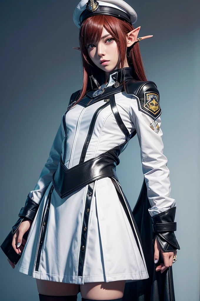 Create a highly detailed 3D rendering of a character named Ulc from SEGA's PSO2. The character is an elf-like female with pointed ears and long, straight, dark red hair. She wears a futuristic, military-style uniform with gray and white colors. (small military garisson cap), The uniform includes a fitted jacket with intricate white designs, shoulder epaulets, and a skirt. She has a serious expression and is depicted with one hand near her ear as if she is communicating through a device.  (shiny skin)