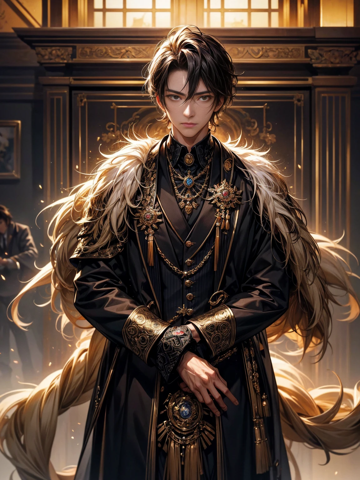現generationに復活しているコンスタンティヌス大帝。Adult males。30generation。hardworking and talented businessman。eyes like a lion。Bright, A Discerning Eye。Antique、successful in the jewelry industry。warm and powerful。calm and calm。Also, Take a calm and decisive stance when necessary.。Be a gentleman、dangerous feeling of compulsion。British traditional atmosphere。York background。luxurious and elegant。modern classic。masterpiece。super high quality。ultra high resolution。gentle。there are two girls standing behind, beautiful