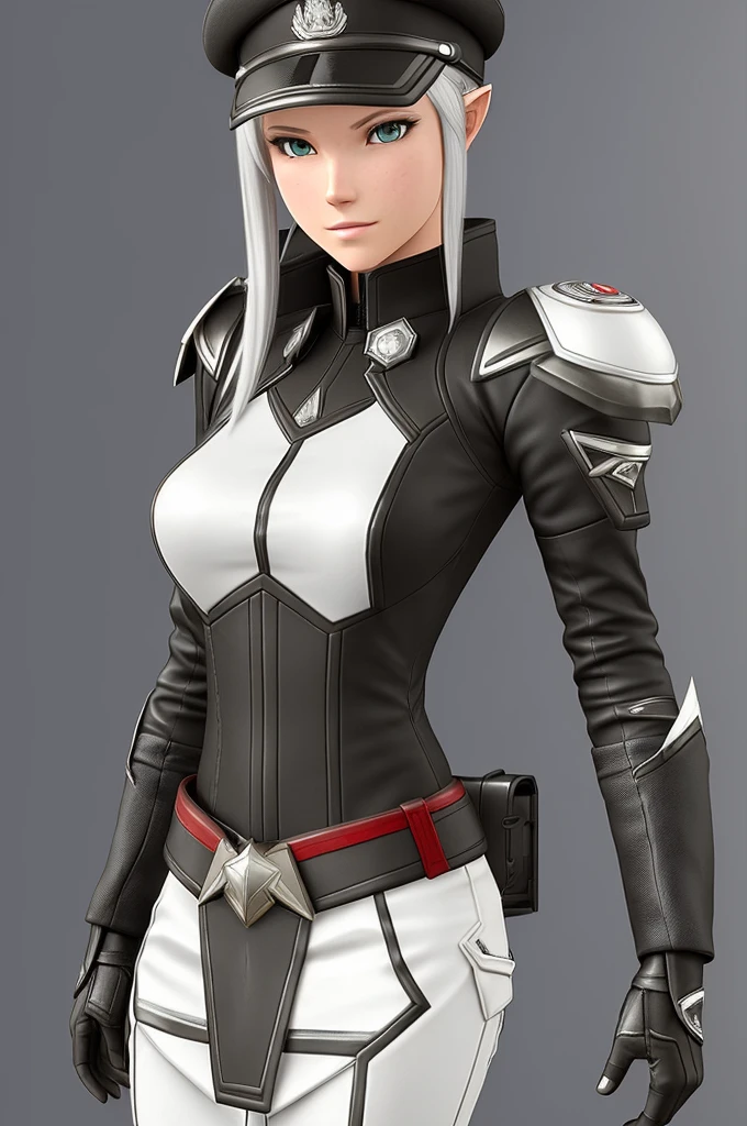Create a highly detailed 3D rendering of a character named Ulc from SEGA's PSO2. The character is an elf-like female with pointed ears and long, straight, dark red hair. She wears a futuristic, military-style uniform with gray and white colors. (small military garisson cap), The uniform includes a fitted jacket with intricate white designs, shoulder epaulets, and a skirt. She has a serious expression and is depicted with one hand near her ear as if she is communicating through a device. (shiny skin)