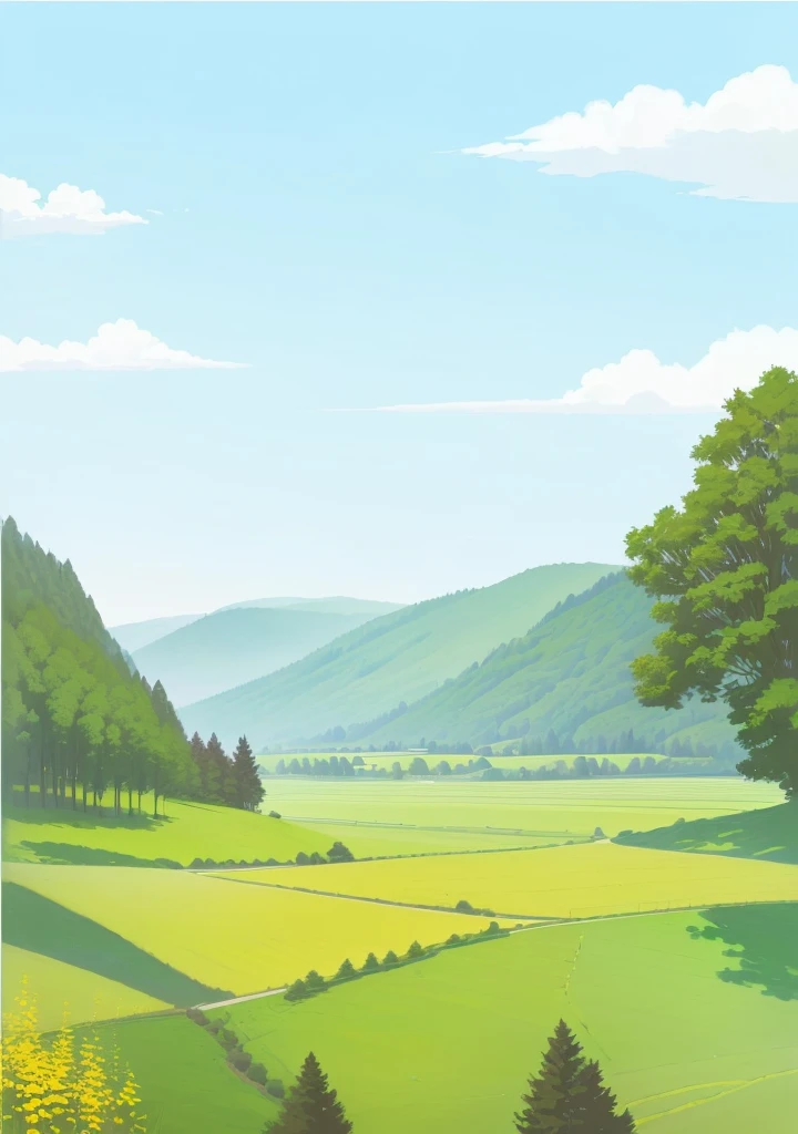 There is a photo of a green field,Field with trees and bushes, Park Background, Landscape background, Natural background, Distant village background, Field background, background technology, Landscape view, Landscape background, Natural background, Distant background, Detailed scenery —width 672, natural Landscape background, Mobile game background, Soft forest background, There are some trees in the background, airy landscape,Flat painting style
