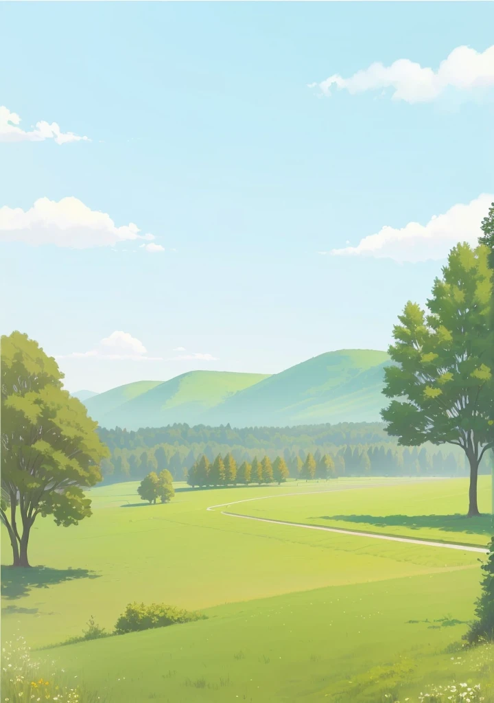 There is a photo of a green field,Field with trees and bushes, Park Background, Landscape background, Natural background, Distant village background, Field background, background technology, Landscape view, Landscape background, Natural background, Distant background, Detailed scenery —width 672, natural Landscape background, Mobile game background, Soft forest background, There are some trees in the background, airy landscape,Flat painting style