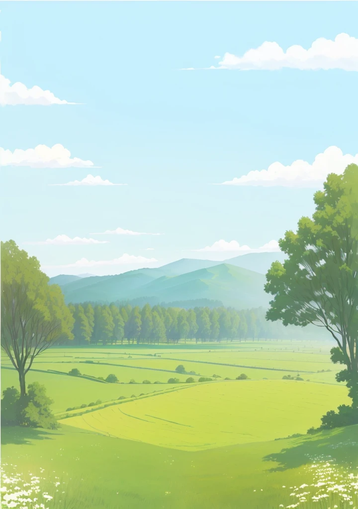There is a photo of a green field,Field with trees and bushes, Park Background, Landscape background, Natural background, Distant village background, Field background, background technology, Landscape view, Landscape background, Natural background, Distant background, Detailed scenery —width 672, natural Landscape background, Mobile game background, Soft forest background, There are some trees in the background, airy landscape,Flat painting style