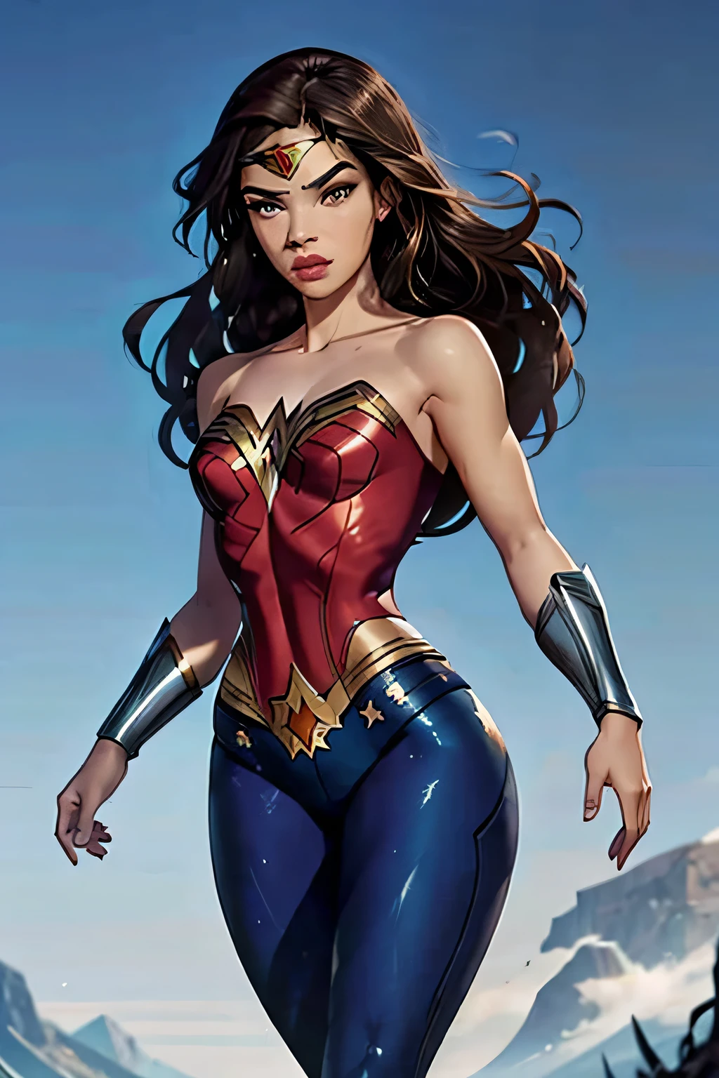 PhotoRealistic Art Style Best Qualit:1.3, Natural Beauty, Masterpiece, Full Body View Visible, Hailee Steinfeld, Perfectly Accurate Face Proportion,Realistic Light Hazel Brown Eyes, Thick Eyebrows, Brown hair, slim toned Thighs, tight ass, perky round breast , slim athletic body type, perfect body type, wonder woman, Regal Posture with Focus on Buttocks: Standing elegantly with one foot slightly in front of the other, the tight suit clings to Wonder Woman’s body, highlighting the curves of her hips and the shape of her buttocks. The suit's fit emphasizes her graceful yet powerful form, with the smooth lines accentuating her posture.