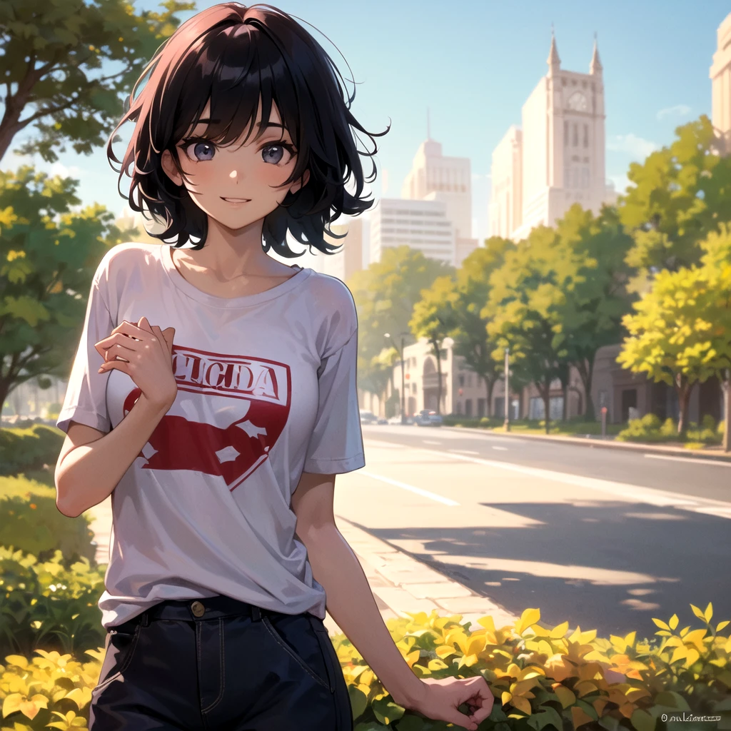 ((obra maestra, mejor calidad)), (1 chica), (solo), (enfoque femenino), (ahogo, pelo negro, cabello muy largo), ojos dorados, sonrisa arrogante, ((Camiseta rosa)), ((falda vaquera), (falda corta)), de pie, parque de fondo.