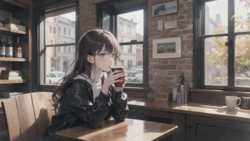 Girl drinking coffee in a room