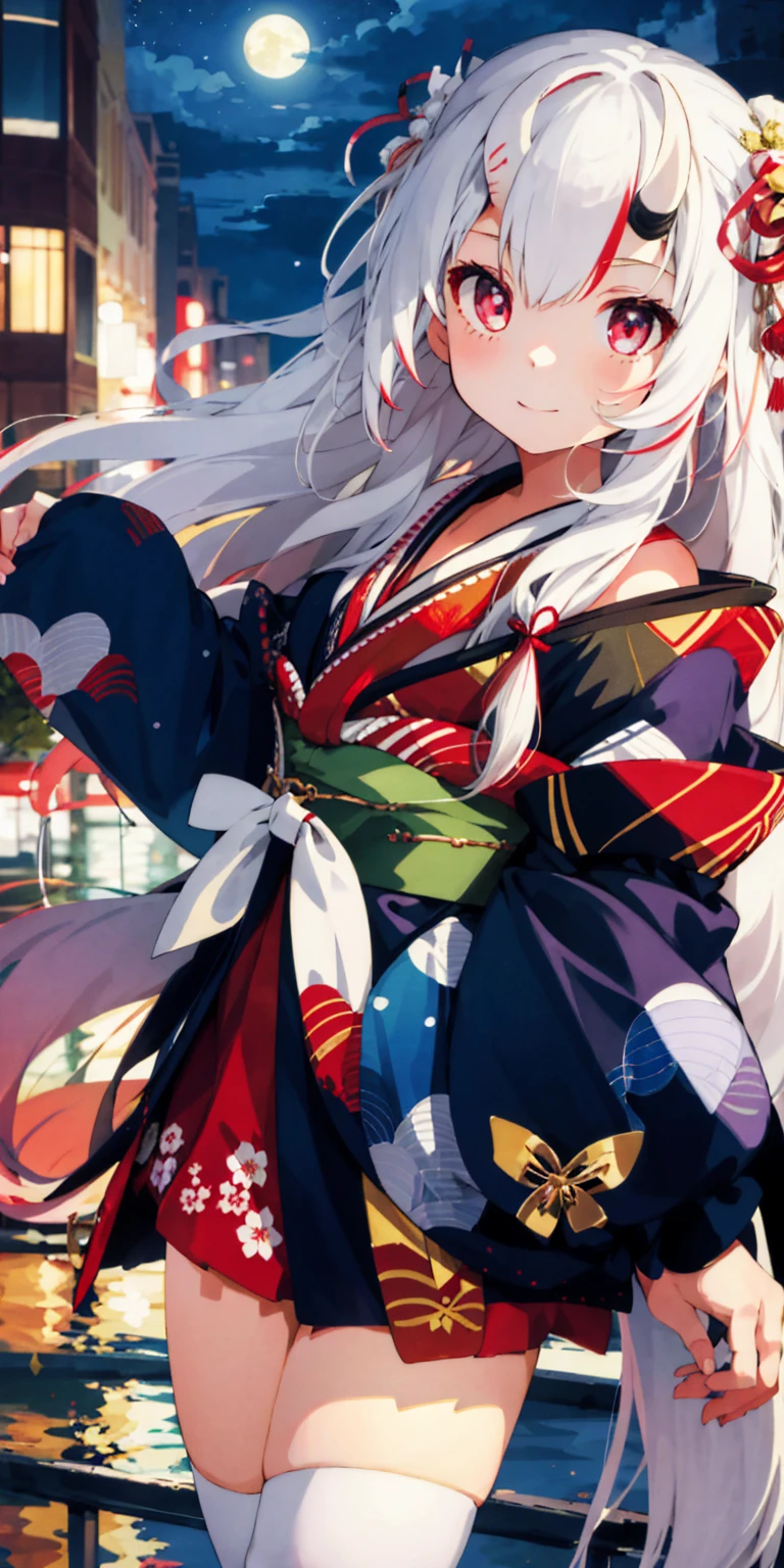 One girl, Beautiful fine details, Long white hair, eyes are a little red, , White knee-high socks, kimono、kimono、Shiny skin, city, night, High Contrast, ((masterpiece, highest quality))