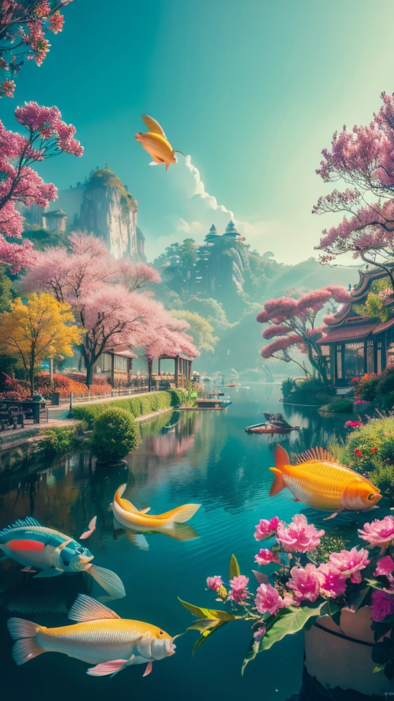 Oriental Art,Unity 8k wallpaper,Extremely detailed,Beauty and aesthetics,masterpiece,Best quality,The content is very detailed,Bright colors,romanticism,Summer Dream,HD,Details,Best quality,Fantasy,dreamlike,colorful,Photography,Dynamic,vivid,energetic,Rich in layers,carp