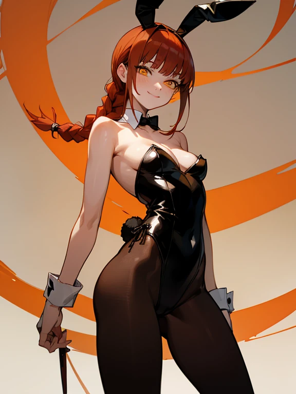makima\(chainsaw man\), red hair,yellow eyes,ringed eyes,braided ponytail, pantyhose, playboy bunny, bare shoulders, smile, cowboy shot, highly detailed, HD, 4K, Masterpiece, highres