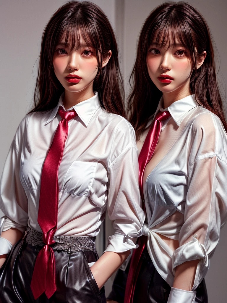 ((highest quality)),(超A high resolution),(Very detailed),(Detailed Description),((The best CG)),(masterpiece),Very detailedなアート、Small breasts、Whitening 1.5、Clear skin quality、Professional Lighting、Cinema lighting、(((White shirt、tie、1.5)))、Black trousers、Gray background、