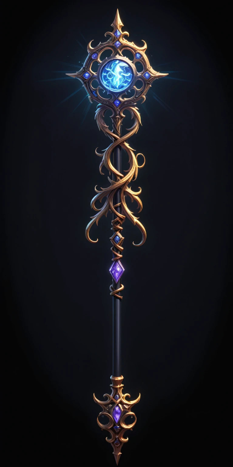 pixel art, cartoon illustration, Divine glavie greatstaff, Powerfull Magical theme, simple black background, RPG game icon