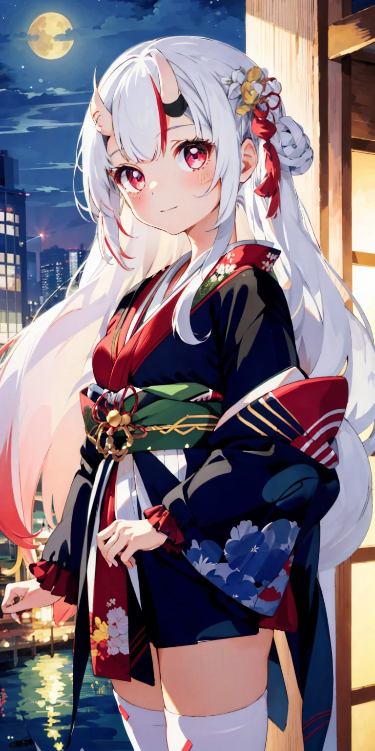 One girl, Beautiful fine details, Long white hair, eyes are a little red, , White knee-high socks, kimono、kimono、Shiny skin, city, night, High Contrast, ((masterpiece, highest quality))