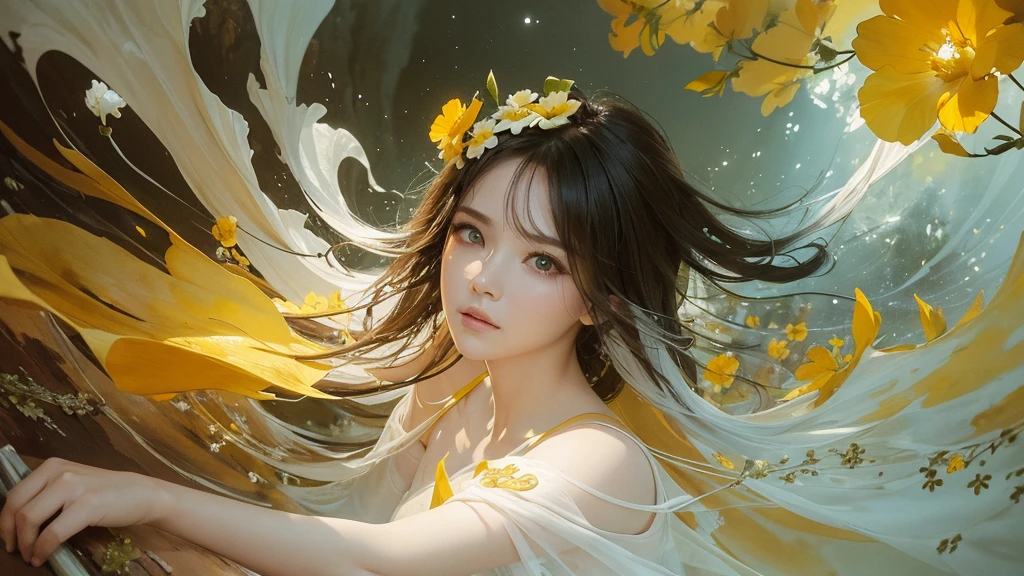32k, Masterpiece, highest quality, One girl, Detailed eyes, flower,Sandersonia, Yellow and white style,A dreamy, romantic piece,Pale orange, Mysterious Leaves,A playful arrangement,Fantasy,High Contrast,Ink strokes,explosion,Exposure, Impression of yellow and white tones,Abstract,((Watercolours by John Berkey and Jeremy Mann )) Brush strokes,Negative Space, Tyndall effect,