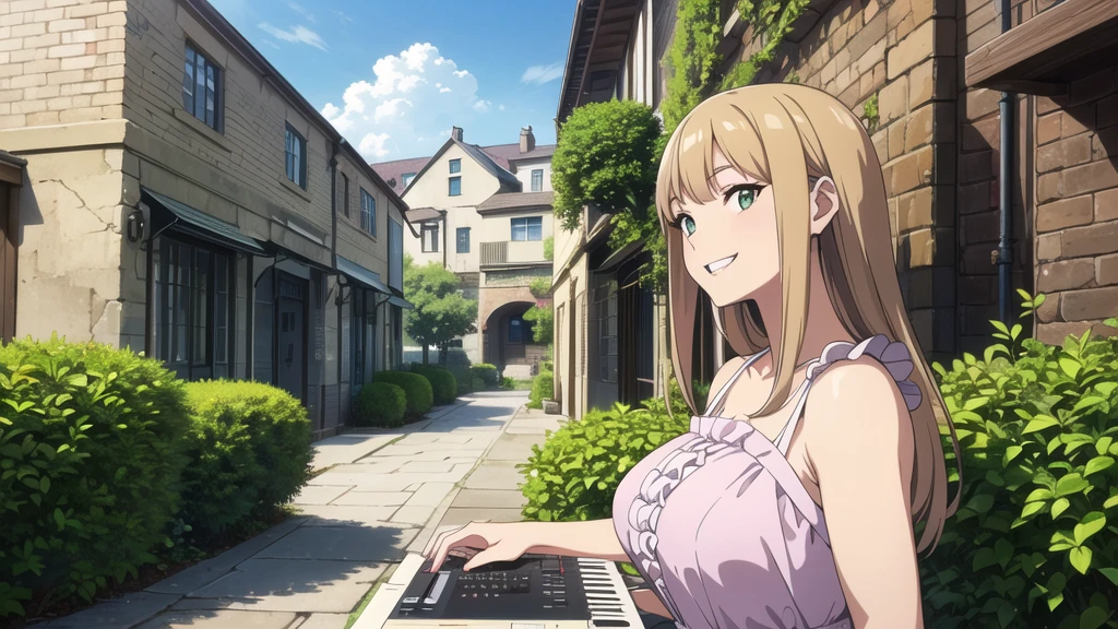 (In 8K, Ultra-high resolution, Best Quality, Masterpiece:1.2), (Realistic illustrations), (Highly Detailed CG Unity 8K Wallpaper), (Beautiful girl playing synthesizer in a large courtyard), feminine dress with frills, Detailed face, smile, Detailed teeth, はにかんだsmile, plant, Nostalgic vintage style animation, 80&#39;s, 