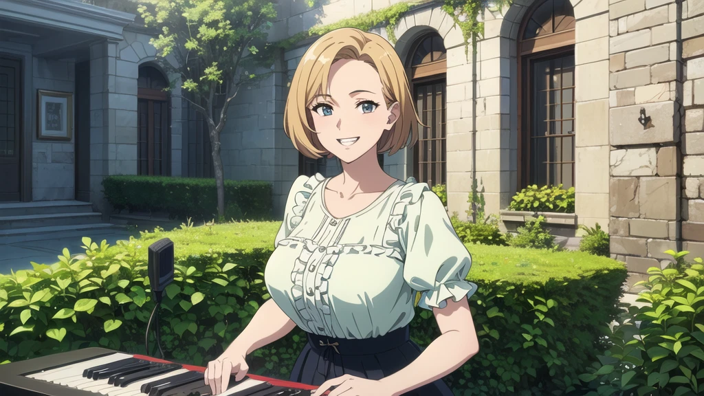 (In 8K, Ultra-high resolution, Best Quality, Masterpiece:1.2), (Realistic illustrations), (Highly Detailed CG Unity 8K Wallpaper), (Beautiful girl playing synthesizer in a large courtyard), feminine dress with frills, Detailed face, smile, Detailed teeth, はにかんだsmile, plant, Nostalgic vintage style animation, 80&#39;s, 