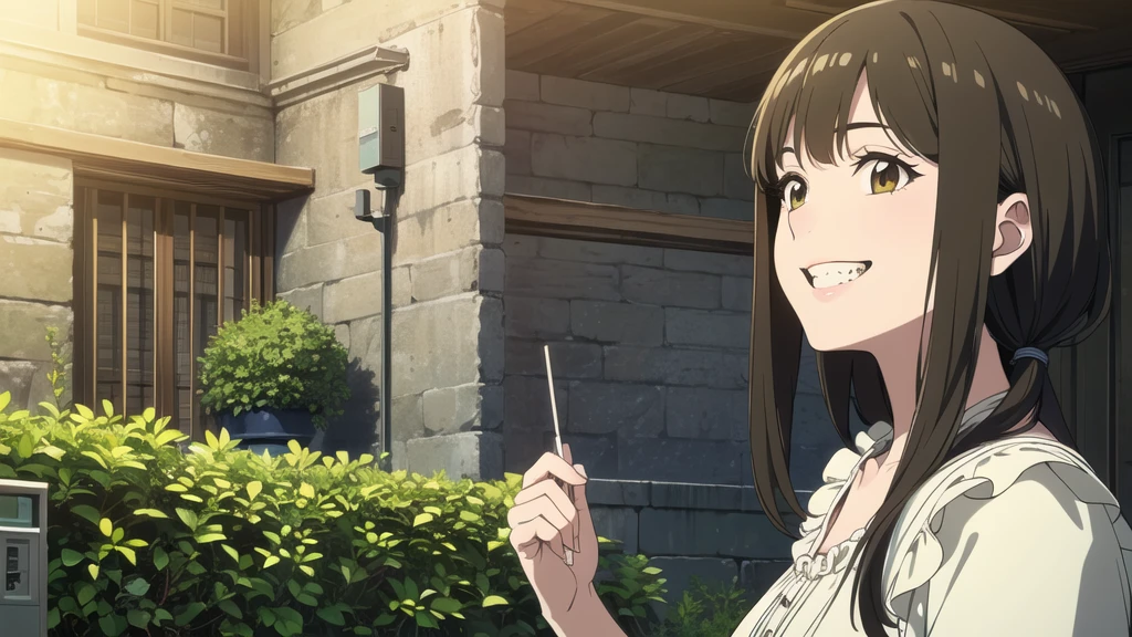 (In 8K, Ultra-high resolution, Best Quality, Masterpiece:1.2), (Realistic illustrations), (Highly Detailed CG Unity 8K Wallpaper), (Beautiful girl playing synthesizer in a large courtyard), feminine dress with frills, Detailed face, smile, Detailed teeth, はにかんだsmile, plant, Nostalgic vintage style animation, 80's,