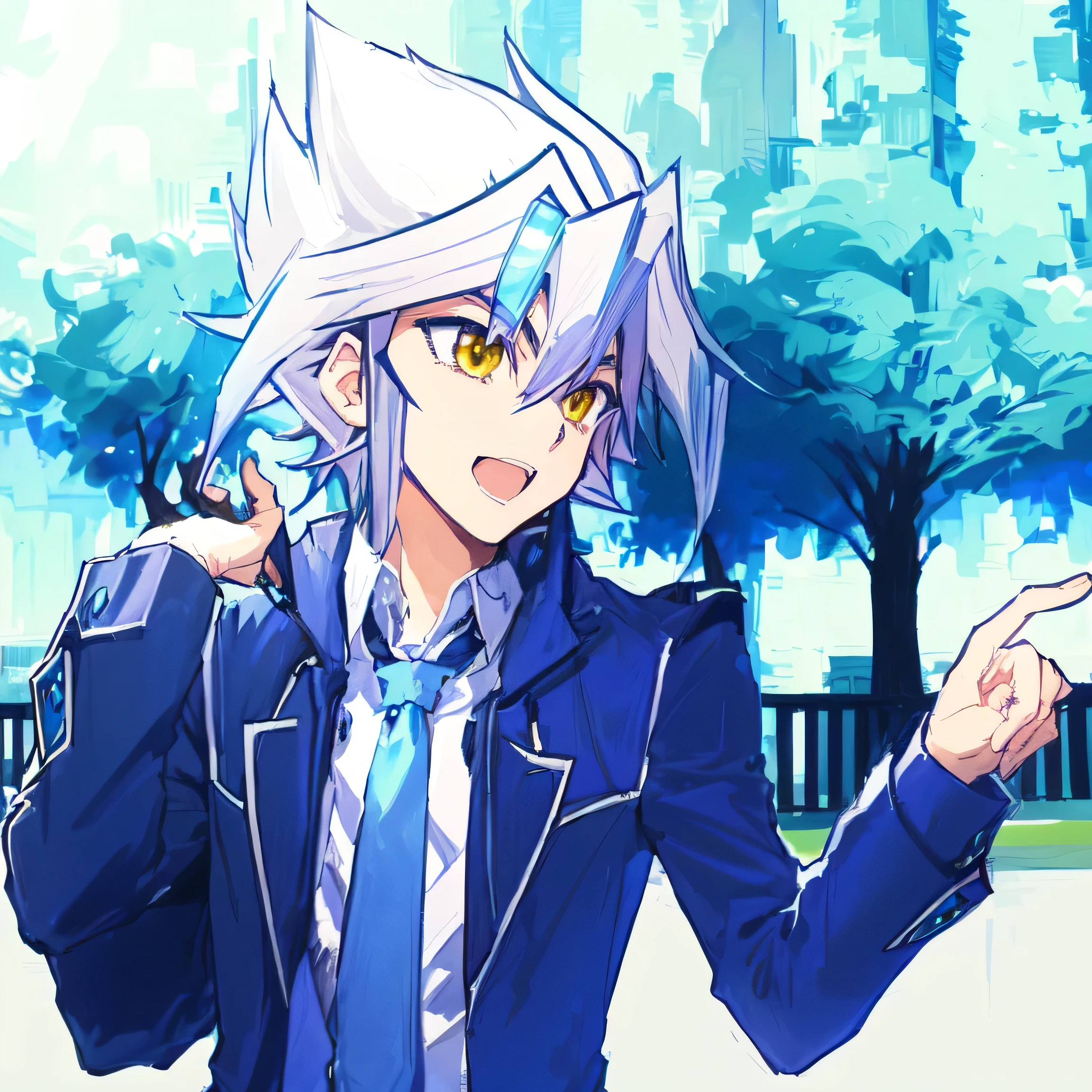 animado, a boy in a blue jacket and tie holding a cell phone, Hajime Yataté, key animado art, yugioh art style, handsome animado pose, trigger animado artstyle, nagito komaeda, estilo yugioh, tall animado guy with yellow eyes, kajika wataru, obra de arte de yugioh