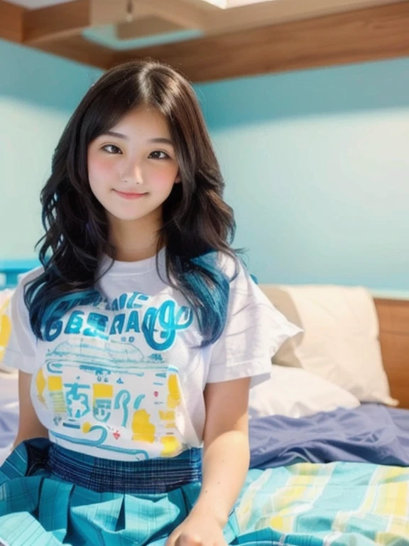 beautiful girl sitting on a bed in a room with blue walls, , kawaii t-shirt and skirt, perfect girl, japanese cute girl, cute girl, cute, mesmerizing girl, mesmerizer